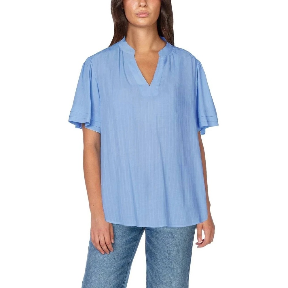 Well Worn Womens Blue Short Sleeve V-Neck Blouse XL Pullover Basic Top